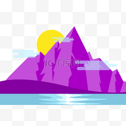 山水日落风景图片_紫色山月扁平