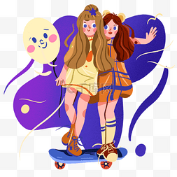 六一儿童节快乐背景图图片_儿童节玩滑板的姐妹俩