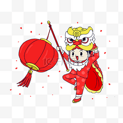 红色狮子图片_新年灯笼红色舞狮插画