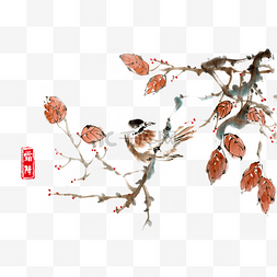 水墨红叶图片_霜降红叶与小鸟