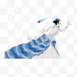蓝色白色手绘傣族孔雀舞羽毛裙女
