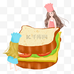免抠简约卡通人物图片_简约制作三明治的女孩插画海报免