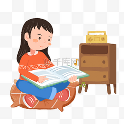 手绘女孩在家读书素材