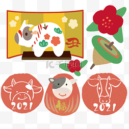 日本新年牛年年贺陀螺玩具小牛组