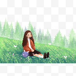 女孩坐在地上图片_二月你好主题之女孩坐在草地上