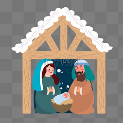 耶稣圣诞图片_扁平风nativity scene积雪木屋圣诞节