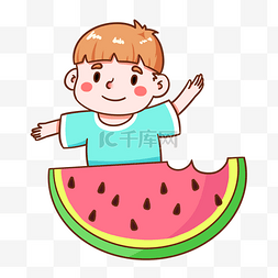 夏季吃大西瓜的男孩手绘插画