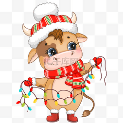 潮玩卡通动物图片_卡通圣诞节玩彩灯牛