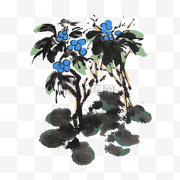 树水墨手绘插画图片_中国风蓝莓水墨手绘