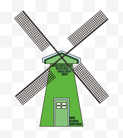 绿色房屋风车插画