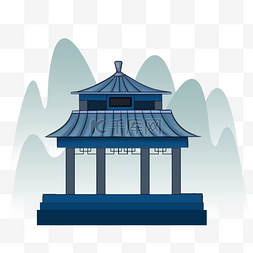 中国风手绘远山图片_中国风蓝色房屋