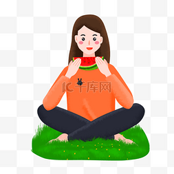 女孩坐地吃西瓜