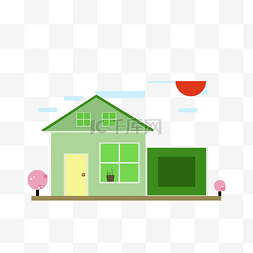 红色的太阳卡通图片_绿色小房子卡通插画