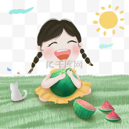 草地上抱西瓜的可爱女孩