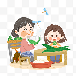 端午节可爱女孩和奶奶包粽子PNG素