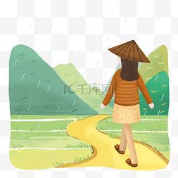女孩草帽图片_谷雨时节女孩带着草帽插画