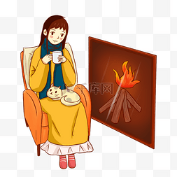 壁炉椅子图片_壁炉旁取暖的女孩