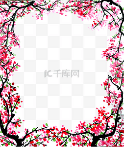 水墨山水桃花国画图片_国画水墨桃花红花装饰边框春天PNG