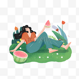吃着西瓜图片_大暑女孩坐在草地上吃着西瓜PNG