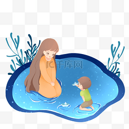 母亲节湖泊上折纸船的母亲与孩子