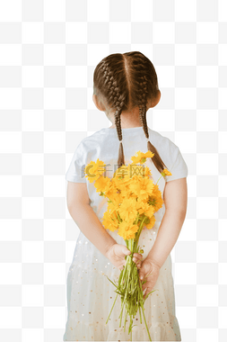 小女孩背影图片_手拿金鸡菊的小女孩背影