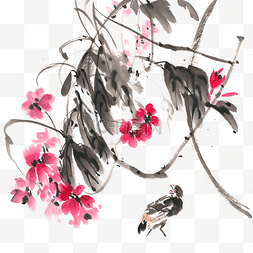 红花与小鸟水墨画PNG免抠素材