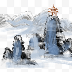 下雪凉亭图片_水墨山峰雪景