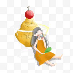 小清新卡通可爱图片_喝果汁扇扇子的女孩