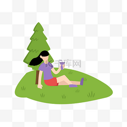女人物坐在草地喝饮料