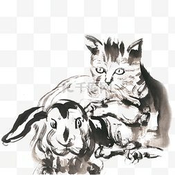 兔子与小猫水墨画PNG免抠素材