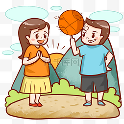 篮球海报装饰图片_户外女孩观看男孩转篮球