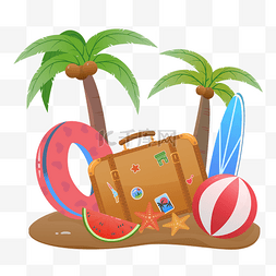 夏季冲浪板图片_彩色创意旅行箱夏季海边旅游矢量