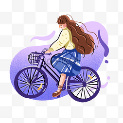 手绘自行车女孩图片_骑自行车女孩彩色系手绘插画png免