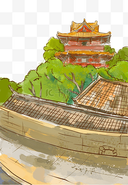 中国风古风城墙建筑房檐高塔树丛