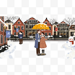 手绘小清新冬季雪中打伞的情侣