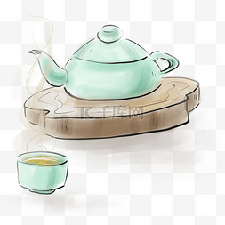 国画茶杯图片_古风青色茶壶和茶杯
