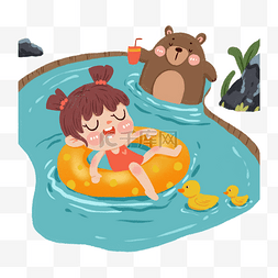 鸭子在池塘图片_在水里的女孩和熊