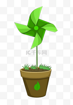 绿色叶子风车图片_创意绿色盆栽风车