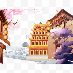 中国风春节建筑图片_年货节蓝粉色古风中国风建筑