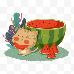 卡通小猫吃西瓜场景