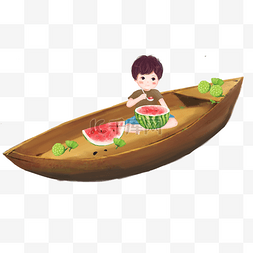 吃西瓜男孩图片_小舟上吃西瓜的男孩