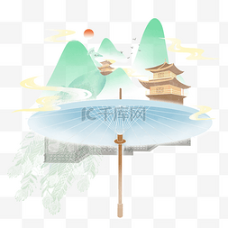 中国古风水彩山水装饰青山远景微