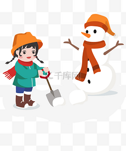 雪地雪景图片_冬季卡通女孩子堆雪人