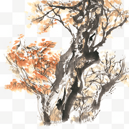 秋天的黄叶图片_秋天的树木水墨画PNG免抠素材