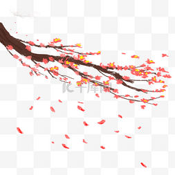 树枝中国风图片_古风红色梅花和漂落的花瓣