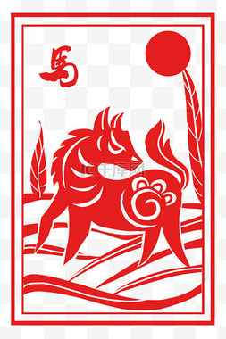 红色剪纸中国风十二生肖之马插画