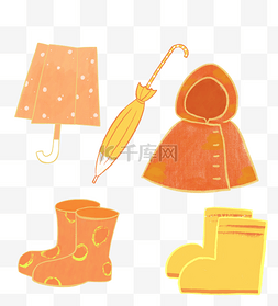 黄色儿童插画图片_雨靴雨具雨衣简笔画橘色扁平卡通