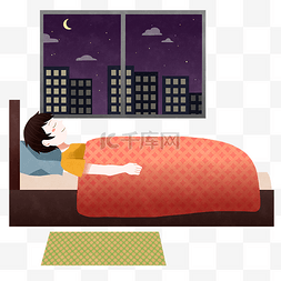 世界睡眠日月亮插画图片_夜晚躺床上睡觉的男孩插画