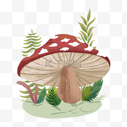 手绘一个可爱的红色蘑菇和小草免