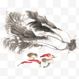 白菜辣椒蘑菇水墨画png免抠素材
